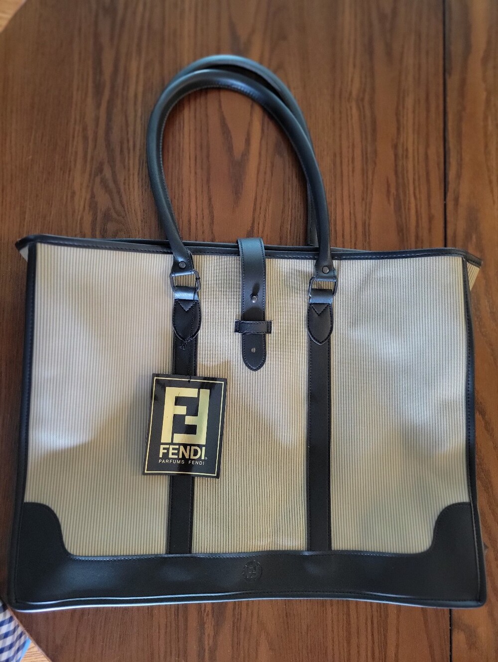 AUTH, VTG Fendi Uomo Parfums 1925 Logo, Tan Canvas, Brown Leather Trim Tote Bag